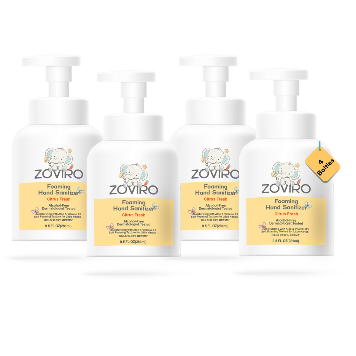 Zoviro Foaming Hand Sanitizer, 9.5oz Pump Bottle, Alcohol-Free, Citrus Fresh Scent, Moisturizing with Aloe, Non-sticky, No Rinse (PACK OF 4)