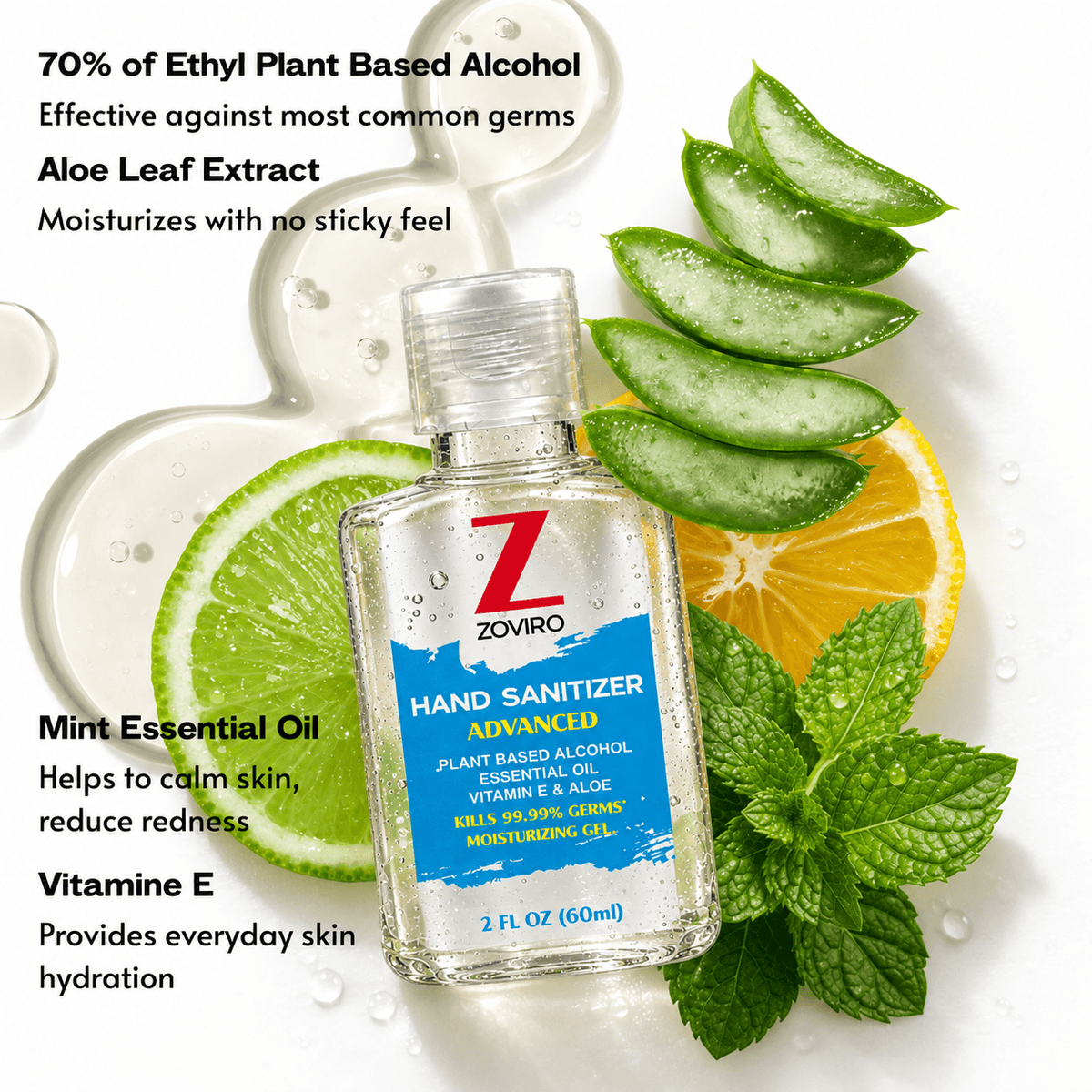 Zoviro Hand Sanitizer Gel, 2 Fl Oz Flip-Cap Bottle, Moisturizing with Essential Oils and Aloe, Refreshing Scent, Rinse-Free Formula, Mini Hand Sanitizer Travel Size (Pack of 50)