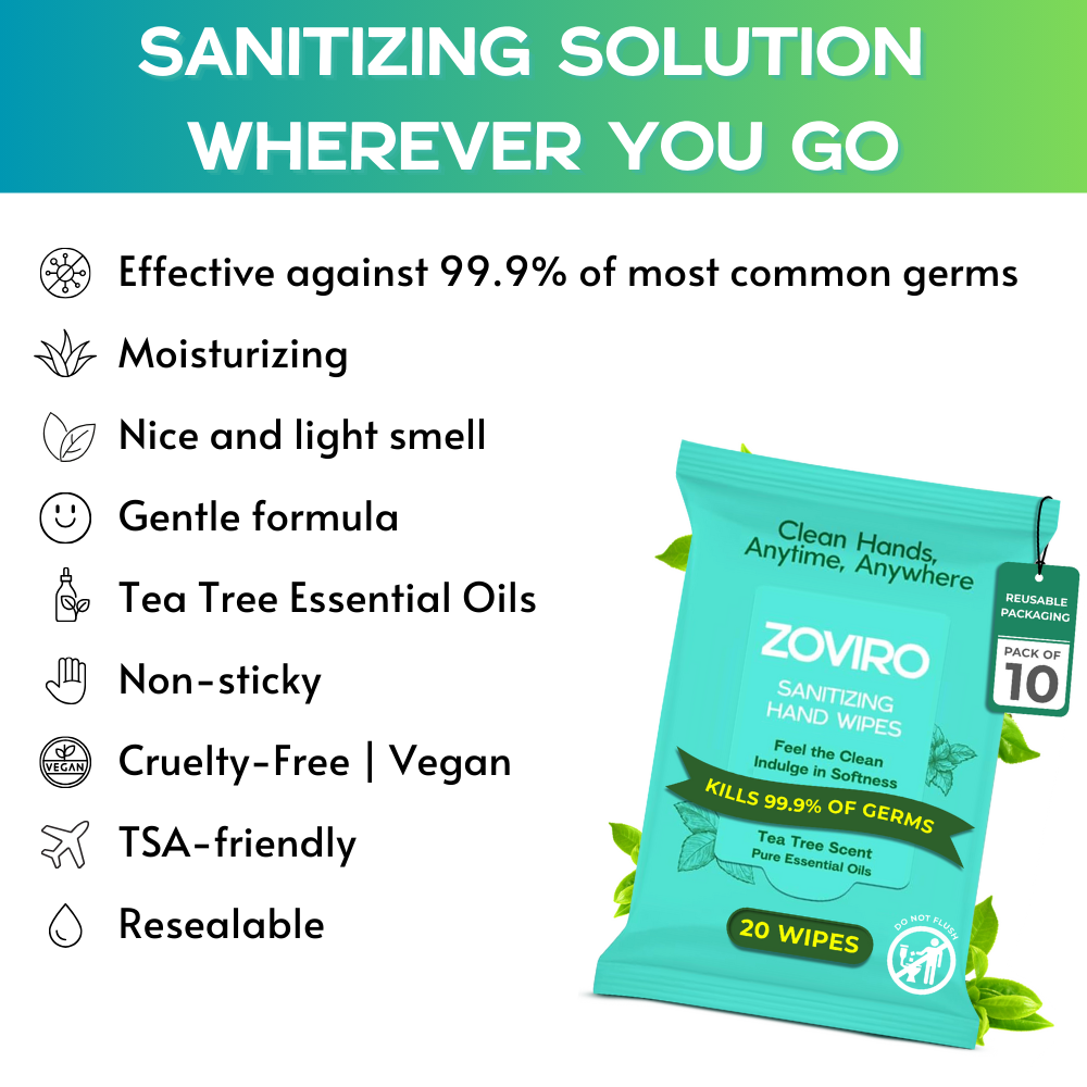 Zoviro Hand Sanitizing Wipes, Moisturizing With Essential Oils, 20 Count Travel Pack