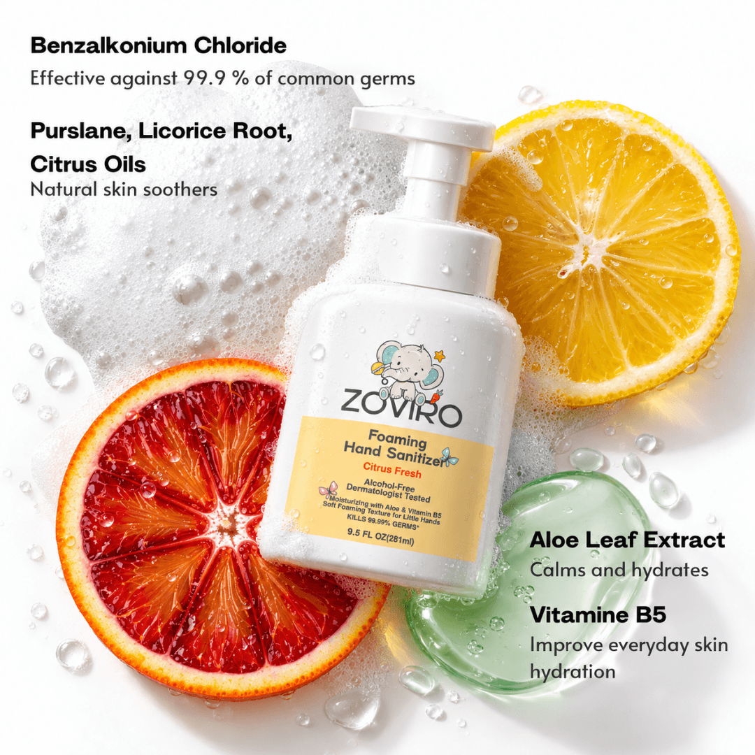 Zoviro Foaming Hand Sanitizer, 9.5oz Pump Bottle, Alcohol-Free, Citrus Fresh Scent, Moisturizing with Aloe, Non-sticky, No Rinse (PACK OF 4)