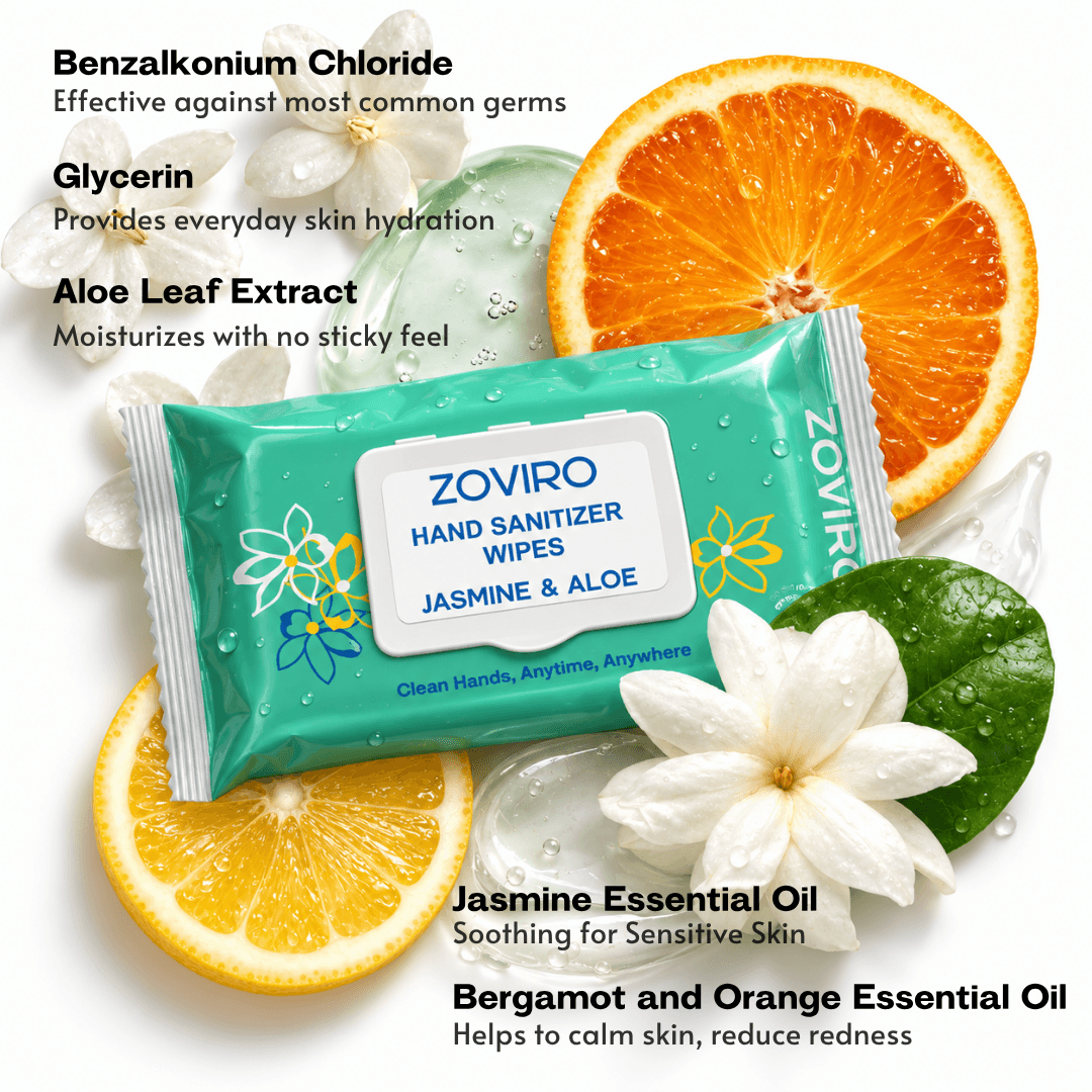 Zoviro Hand Sanitizing Wipes, Moisturizing With Essential Oils, Jasmine, 80 Count, 6 PACK