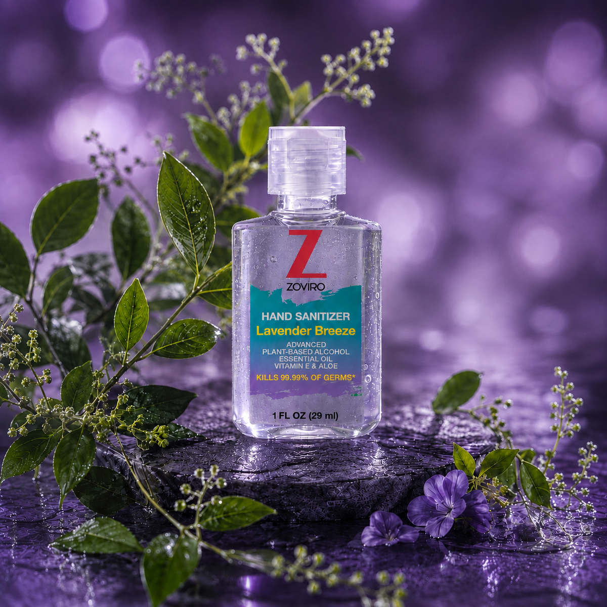 Zoviro Hand Sanitizer Gel, Lavender Breeze, 70% Alcohol, 1 fl oz Flip-Cap, Pack of 100