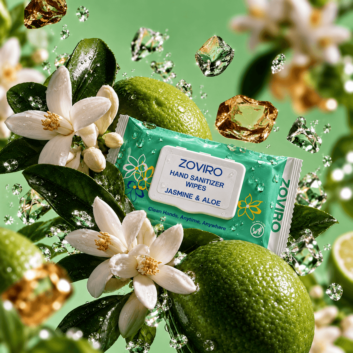 Zoviro Hand Sanitizing Wipes, Moisturizing With Essential Oils, Jasmine, 80 Count, 6 PACK
