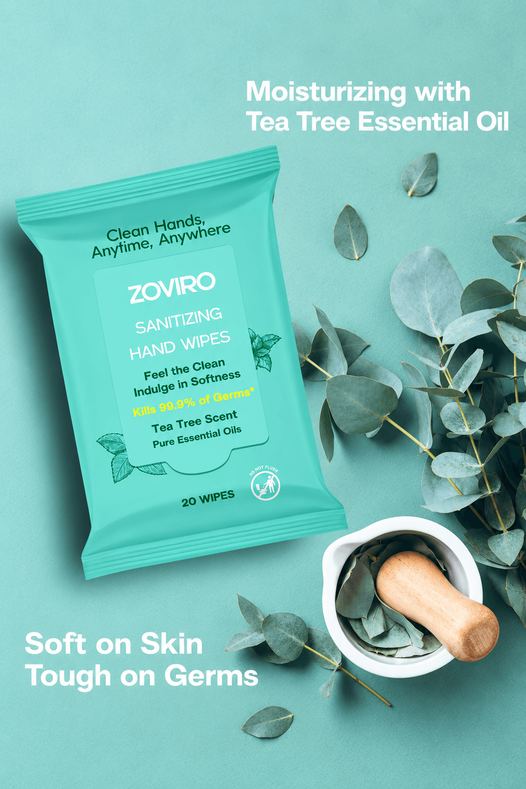 Zoviro Hand Sanitizing Wipes, Moisturizing With Essential Oils, 20 Count Travel Pack