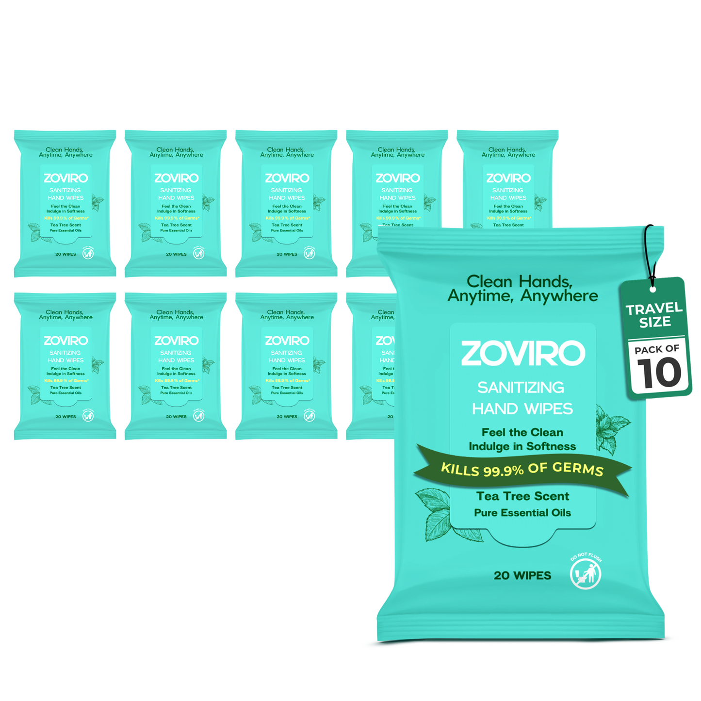 Zoviro Hand Sanitizing Wipes, Moisturizing With Essential Oils, 20 Count Travel Pack