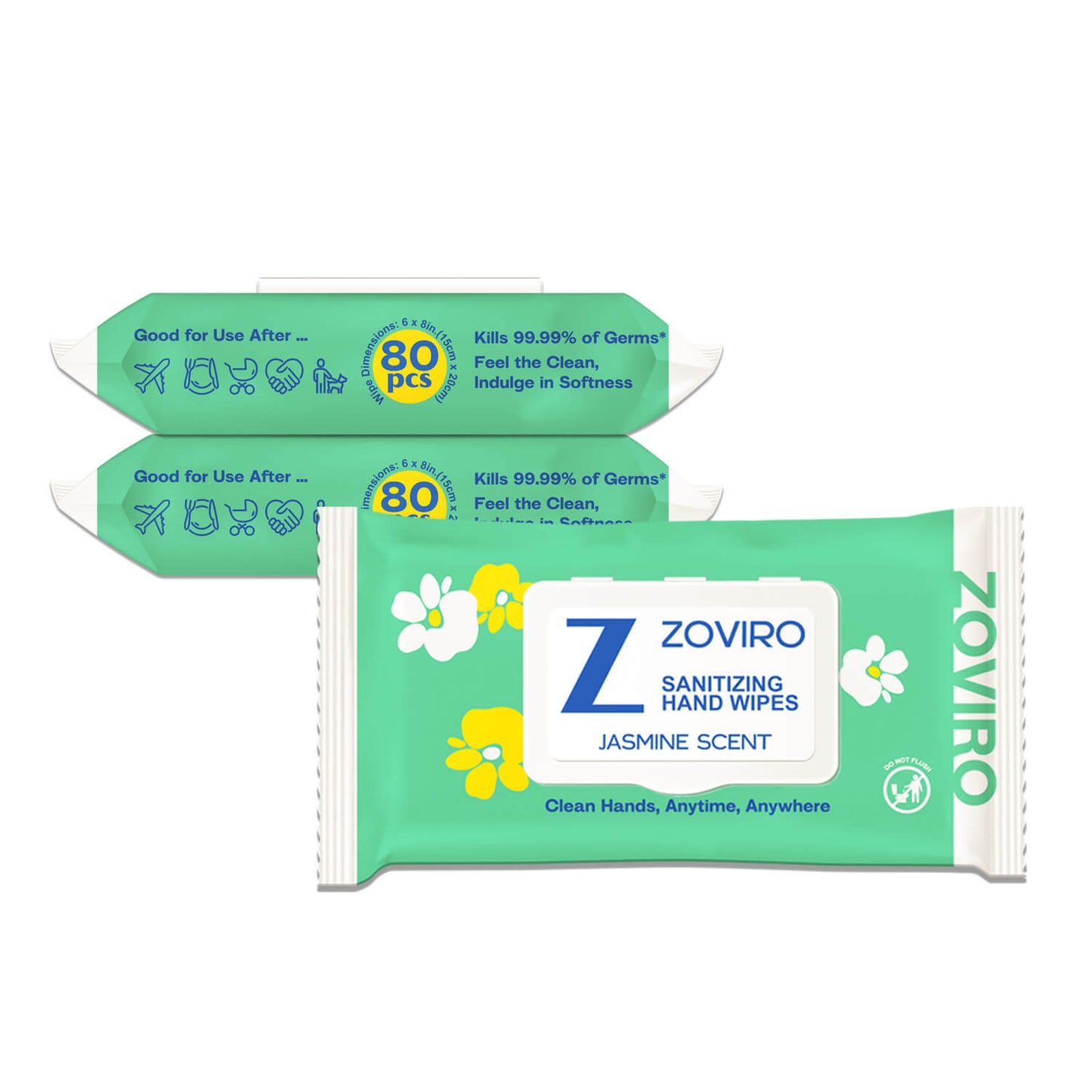 Zoviro Hand Sanitizing Wipes, Moisturizing With Essential Oils, Jasmine, 80 Count, 3 PACK