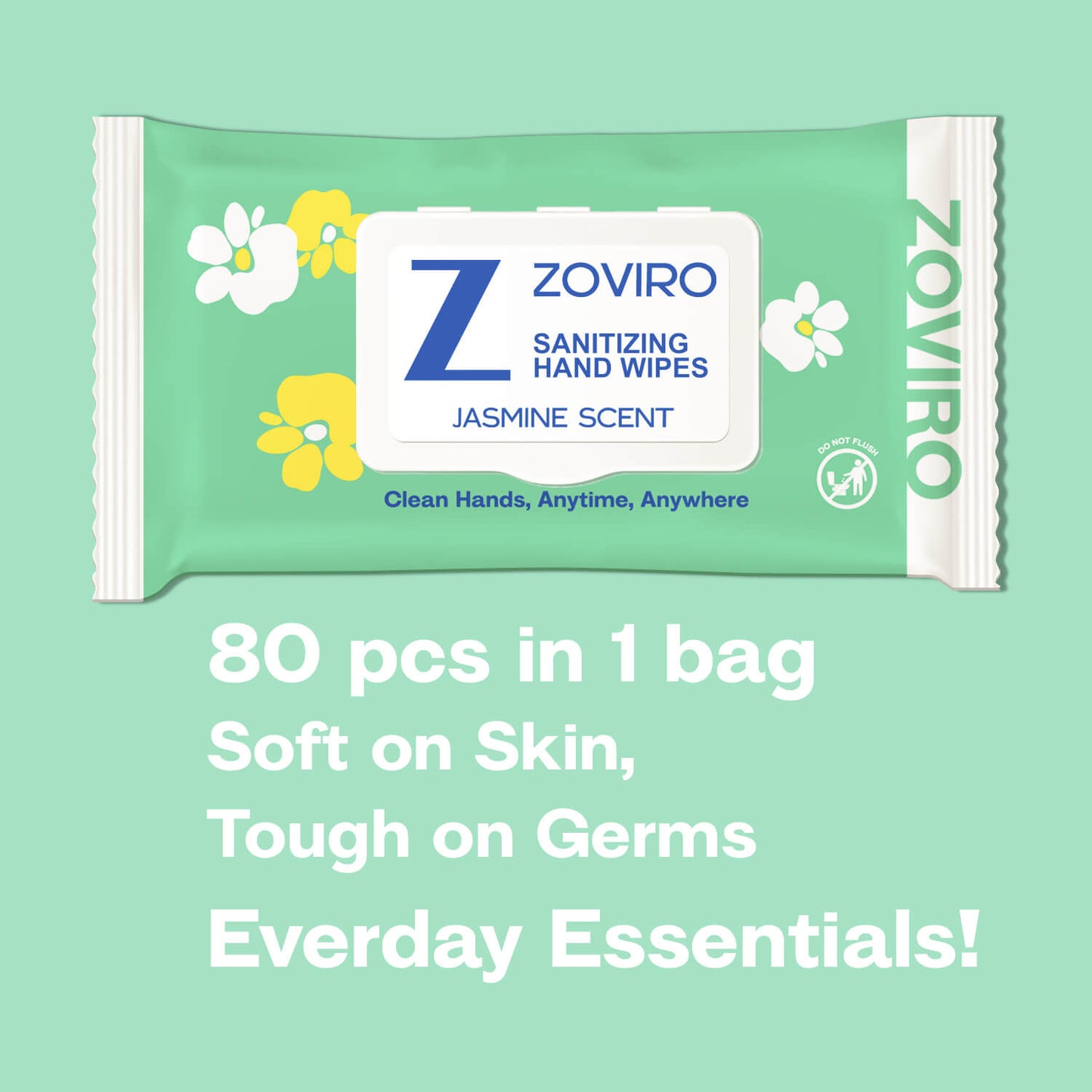 Zoviro Hand Sanitizing Wipes, Moisturizing With Essential Oils, Jasmine, 80 Count, 3 PACK