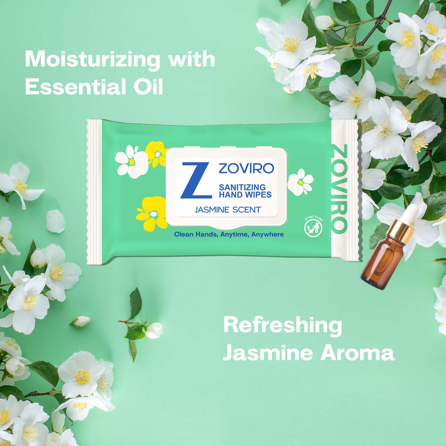 Zoviro Hand Sanitizing Wipes, Moisturizing With Essential Oils, Jasmine, 80 Count, 3 PACK