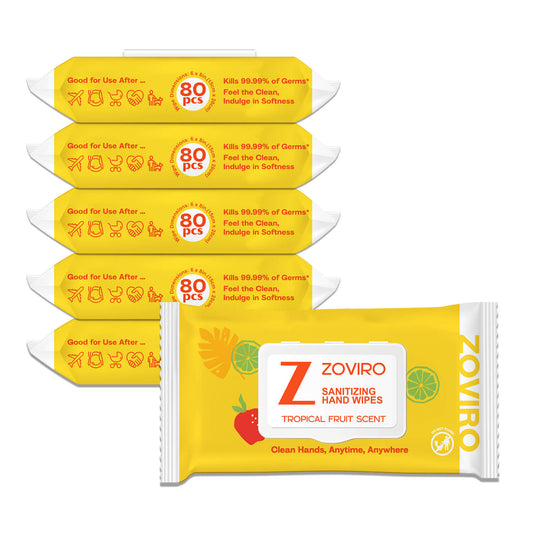 Zoviro Hand Sanitizing Wipes, Moisturizing With Essential Oils, Tropical Fruit, 80 Count, 6 PACK